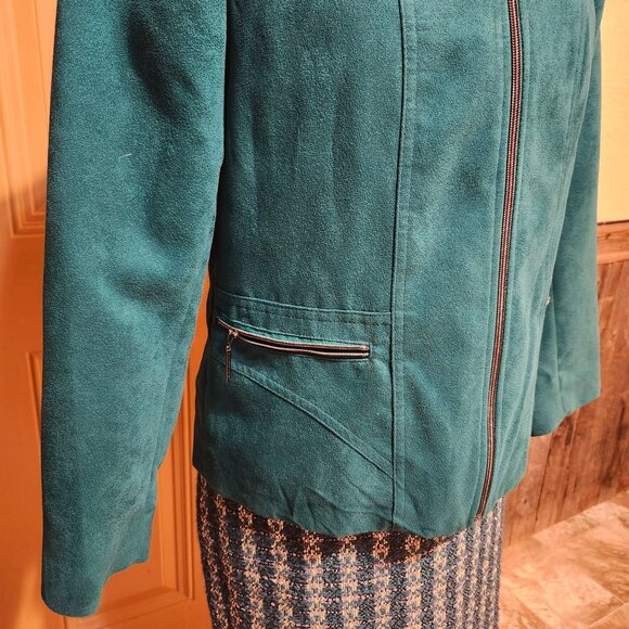 Allison Daley Petite Women's Size 6 Faux Suede Jacket Teal Zip Front Pockets - Picture 6 of 9